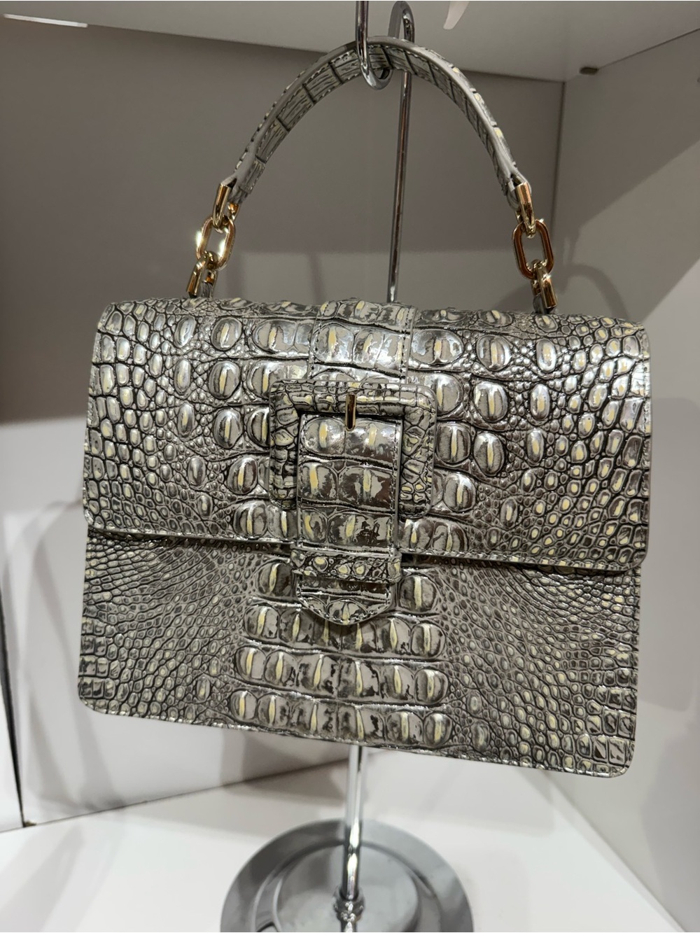 Brahmin Hallie Silver Croc-Embossed Top Handle Satchel
